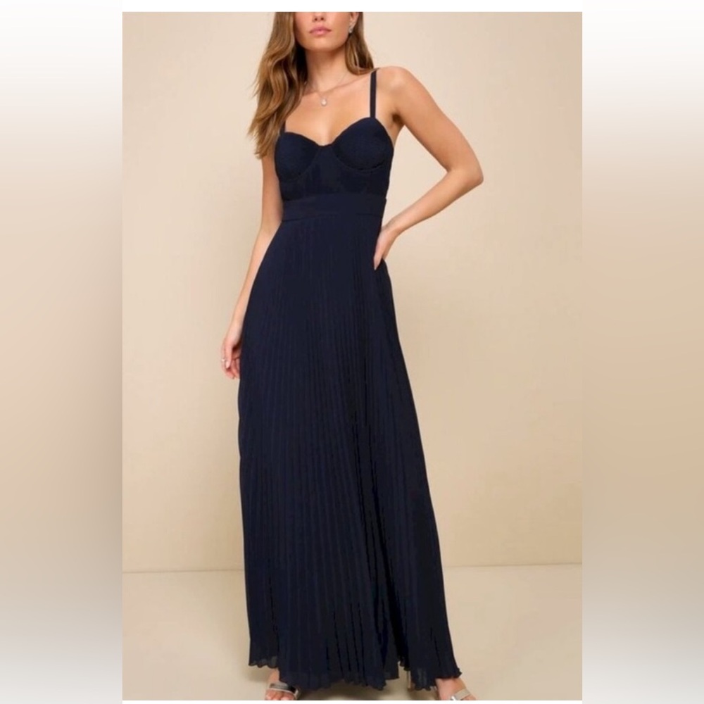Lulus Navy Blue Maxi Pleated Dress semi-formal Wedding Guest